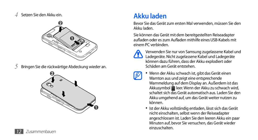 Samsung GT-S5839OKIDTM, GT-S5839OKIDTR, GT-S5839UWITCL, GT-S5839OKITCL, GT-S5839OKIVD2, GT-S5839UWIDTM manual Akku laden 