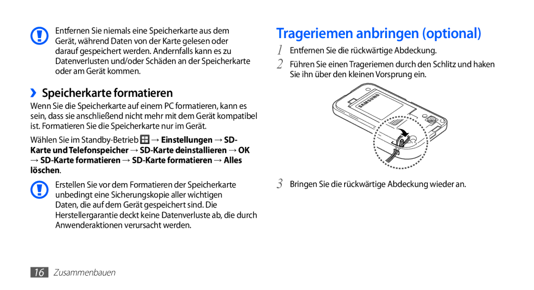 Samsung GT-S5839UWISFR, GT-S5839OKIDTR, GT-S5839UWITCL manual Trageriemen anbringen optional, ››Speicherkarte formatieren 