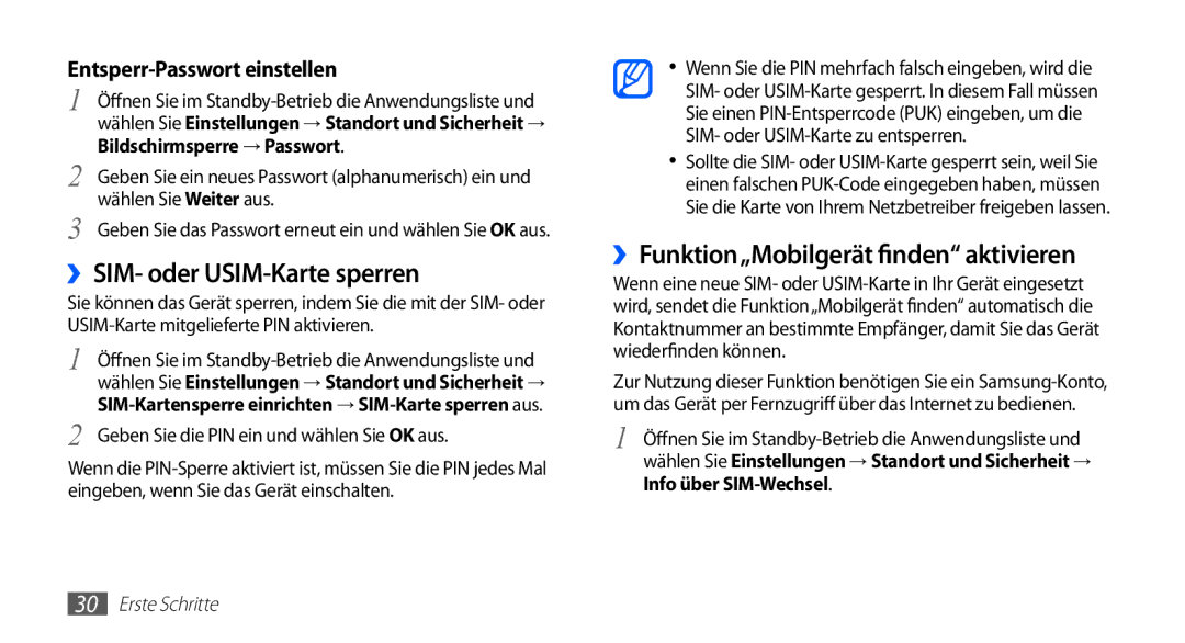 Samsung GT-S5839UWITCL, GT-S5839OKIDTR manual ››SIM- oder USIM-Karte sperren, ››Funktion„Mobilgerät finden aktivieren 