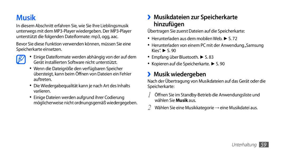 Samsung GT-S5839OKIDTR, GT-S5839UWITCL, GT-S5839OKITCL ››Musikdateien zur Speicherkarte hinzufügen, ››Musik wiedergeben 