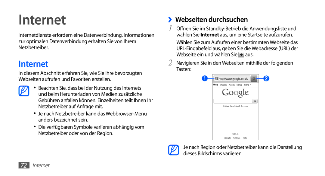 Samsung GT-S5839OKIDTM, GT-S5839OKIDTR, GT-S5839UWITCL, GT-S5839OKITCL, GT-S5839OKIVD2 manual Internet, ››Webseiten durchsuchen 