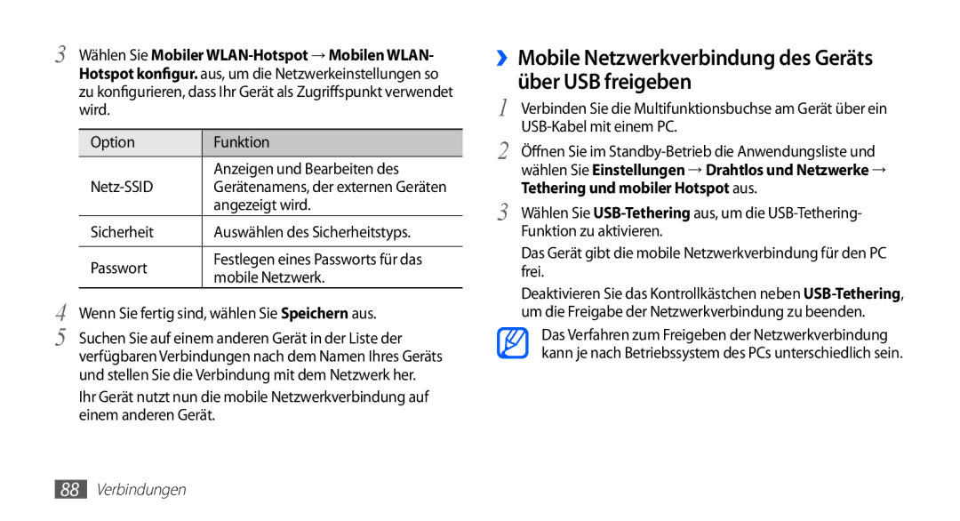 Samsung GT-S5839RWISFR, GT-S5839OKIDTR, GT-S5839UWITCL manual ››Mobile Netzwerkverbindung des Geräts über USB freigeben 