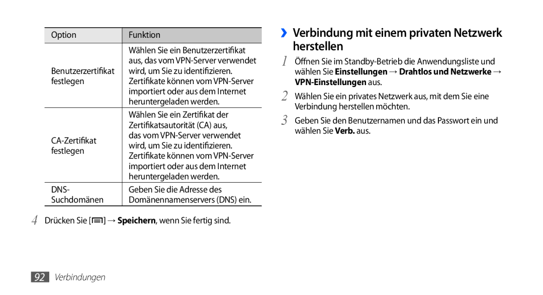 Samsung GT-S5839OKIDTM, GT-S5839OKIDTR, GT-S5839UWITCL, GT-S5839OKITCL ››Verbindung mit einem privaten Netzwerk herstellen 