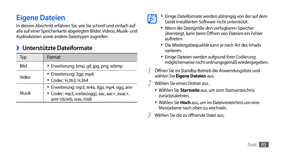 Samsung GT-S5839OKICOS, GT-S5839OKIDTR Eigene Dateien, Musik, Amr-nb/wb, wav, midi, Wählen Sie die zu öffnende Datei aus 