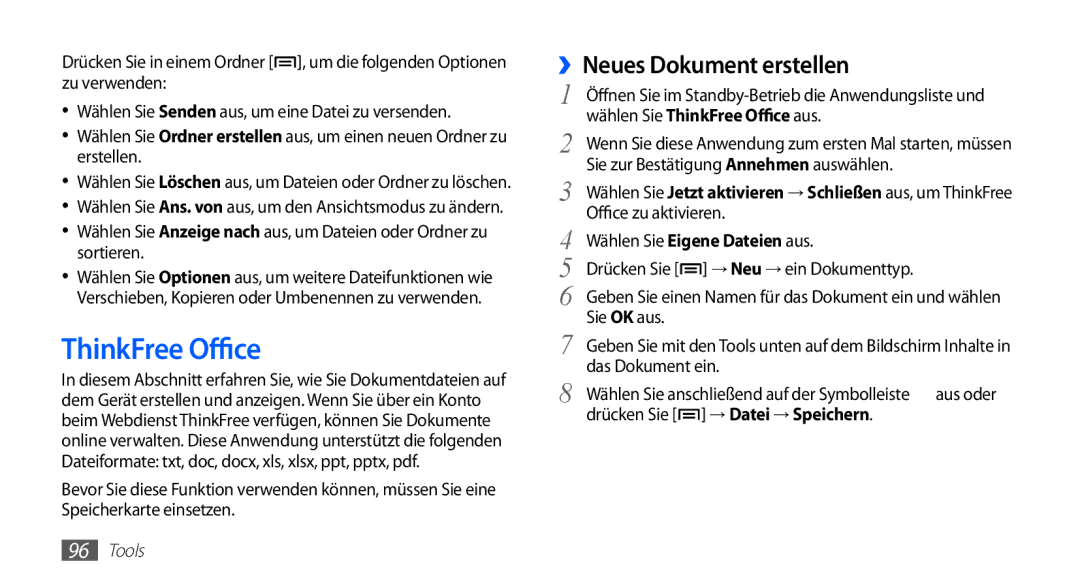 Samsung GT-S5839UWISFR, GT-S5839OKIDTR, GT-S5839UWITCL, GT-S5839OKITCL manual ThinkFree Office, ››Neues Dokument erstellen 