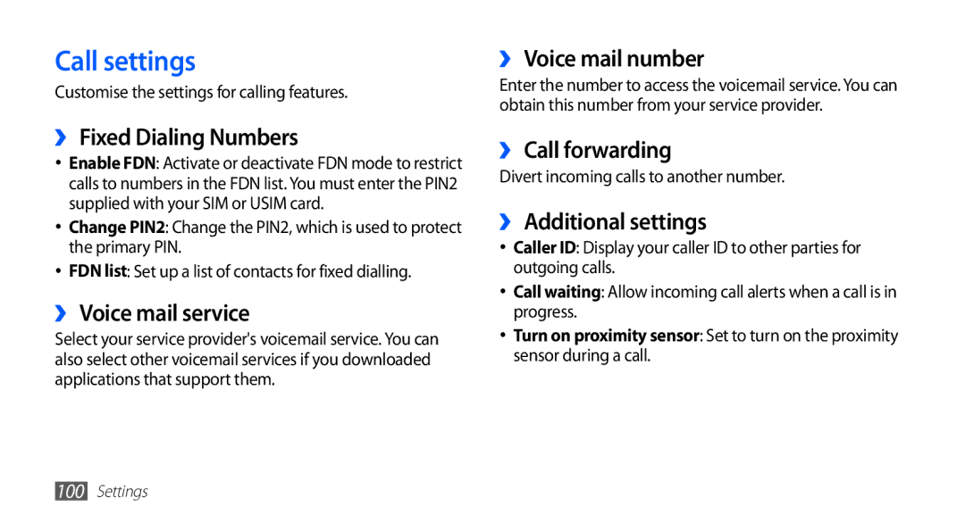 Samsung GT-S5839OKIDTR, GT-S5839UWITCL, GT-S5839OKITCL, GT-S5839OKIDTM, GT-S5839OKIVD2, GT-S5839UWIDTM manual Call settings 