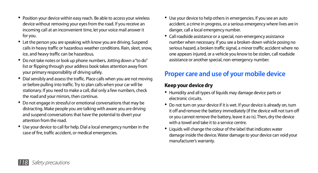 Samsung GT-S5839RWIBOG, GT-S5839OKIDTR, GT-S5839UWITCL manual Proper care and use of your mobile device, Keep your device dry 