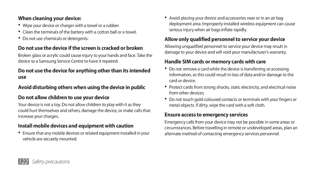 Samsung GT-S5839OKITCL, GT-S5839OKIDTR, GT-S5839UWITCL, GT-S5839OKIDTM, GT-S5839OKIVD2 manual When cleaning your device 