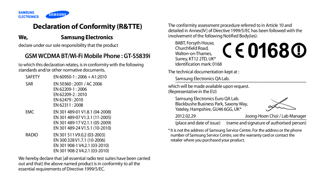 Samsung GT-S5839OKIDTR, GT-S5839UWITCL, GT-S5839OKITCL, GT-S5839OKIDTM, GT-S5839OKIVD2 manual Declaration of Conformity R&TTE 