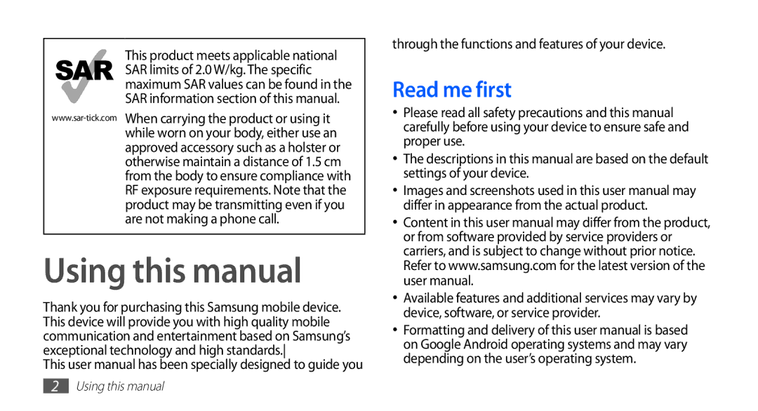 Samsung GT-S5839OKITCL, GT-S5839OKIDTR Using this manual, Read me first, Through the functions and features of your device 