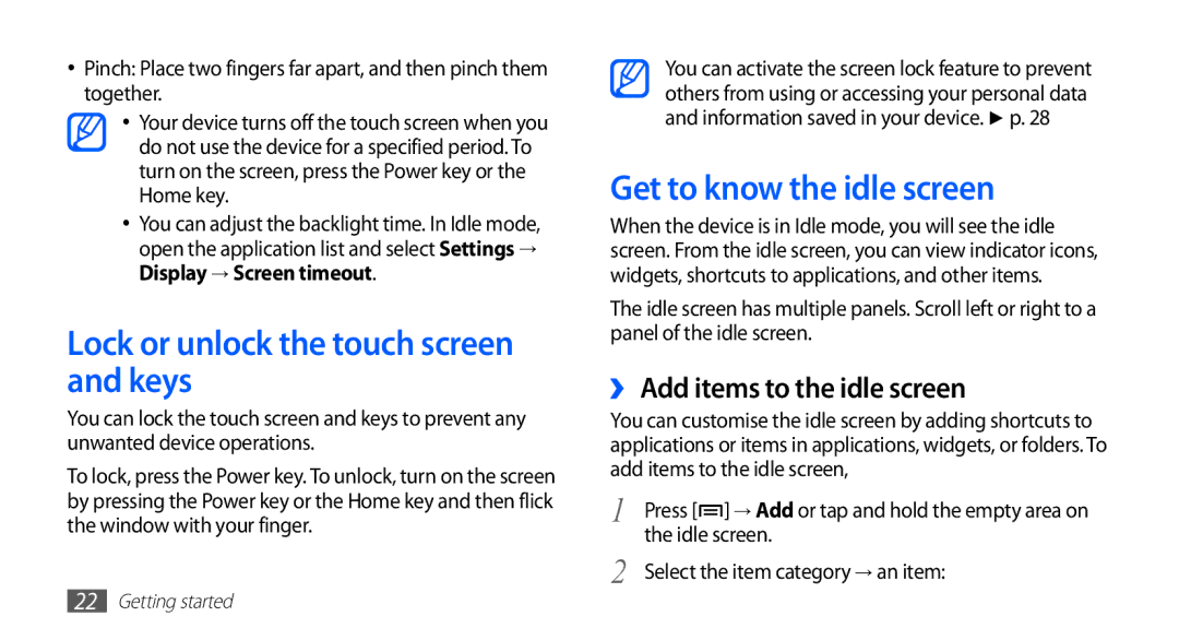 Samsung GT-S5839OKITCL, GT-S5839OKIDTR Lock or unlock the touch screen and keys, Get to know the idle screen, Idle screen 