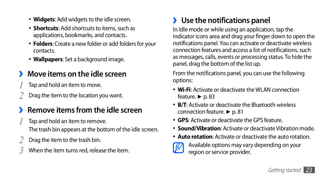 Samsung GT-S5839OKIDTM, GT-S5839OKIDTR manual ›› Move items on the idle screen, ›› Remove items from the idle screen 