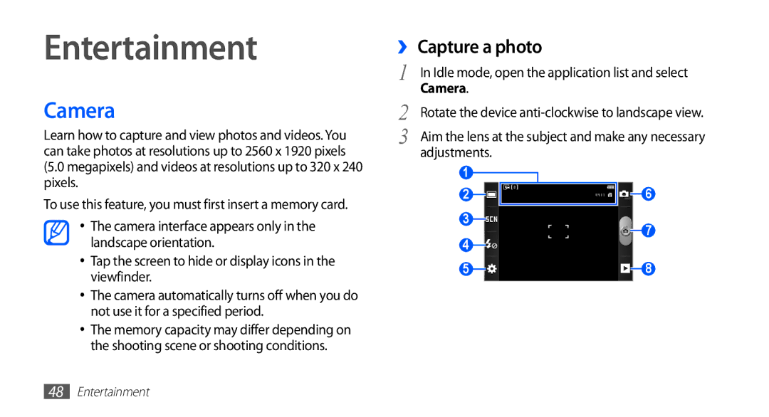 Samsung GT-S5839RWIBOG, GT-S5839OKIDTR, GT-S5839UWITCL manual Entertainment, Camera, ›› Capture a photo, Adjustments 