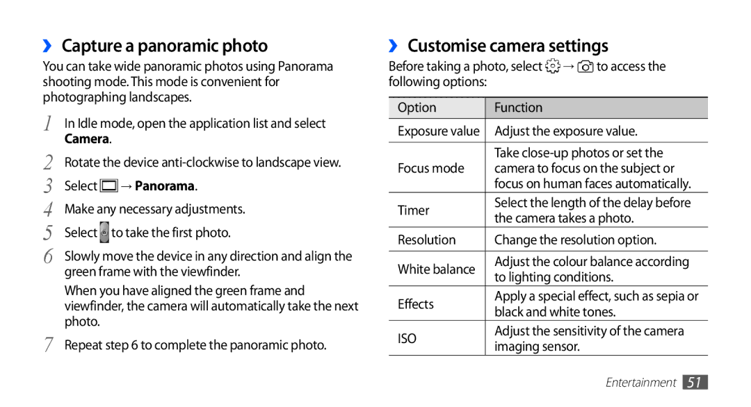 Samsung GT-S5839UWITCL, GT-S5839OKIDTR manual ›› Capture a panoramic photo, ›› Customise camera settings, → Panorama 