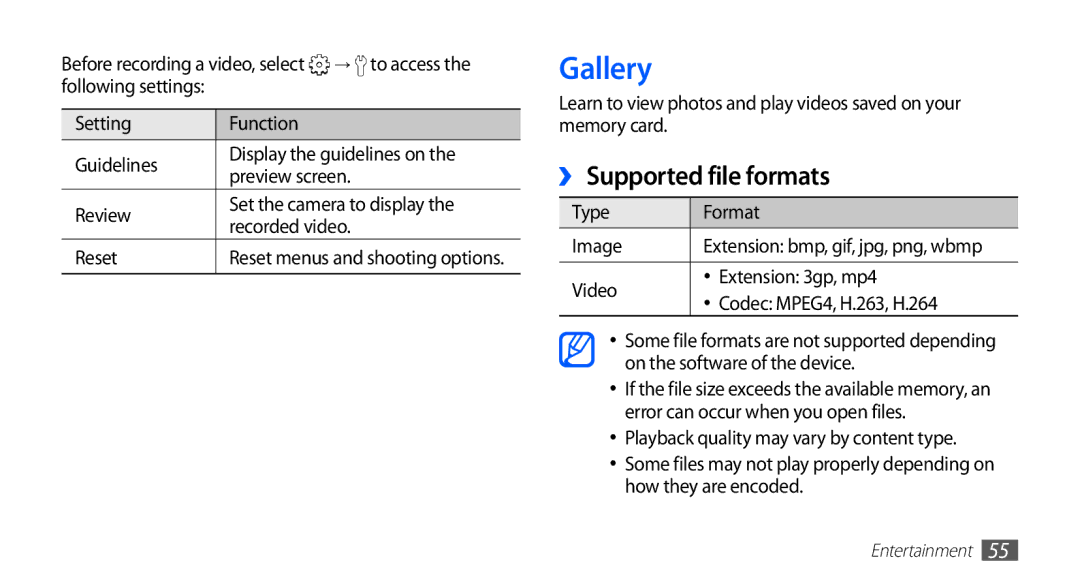 Samsung GT-S5839UWIDTM, GT-S5839OKIDTR, GT-S5839UWITCL, GT-S5839OKITCL, GT-S5839OKIDTM manual Gallery, ››Supported file formats 