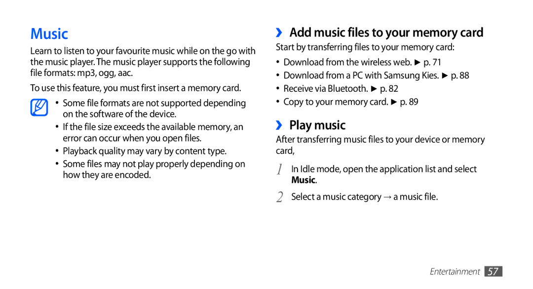 Samsung GT-S5839UWISFR, GT-S5839OKIDTR, GT-S5839UWITCL manual Music, ›› Add music files to your memory card, ›› Play music 
