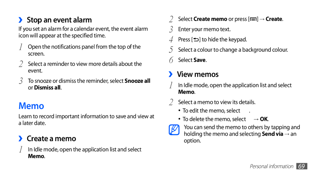 Samsung GT-S5839RWISFR, GT-S5839OKIDTR, GT-S5839UWITCL manual Memo, ›› Stop an event alarm, ›› Create a memo, ›› View memos 