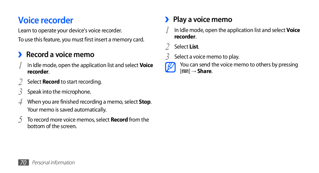 Samsung GT-S5839OKIDTR, GT-S5839UWITCL manual Voice recorder, ›› Record a voice memo, ›› Play a voice memo, Recorder 