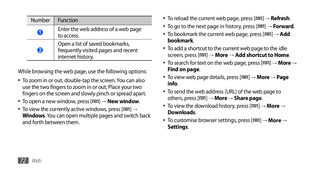 Samsung GT-S5839OKITCL, GT-S5839OKIDTR, GT-S5839UWITCL manual To bookmark the current web page, press → Add bookmark 