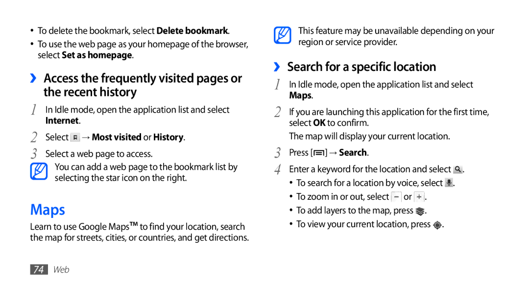 Samsung GT-S5839OKIVD2, GT-S5839OKIDTR manual Maps, ›› Search for a specific location, Select → Most visited or History 