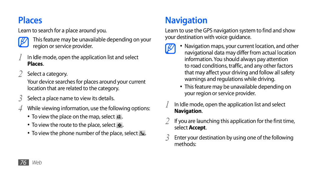 Samsung GT-S5839OKICOS, GT-S5839OKIDTR, GT-S5839UWITCL, GT-S5839OKITCL, GT-S5839OKIDTM, GT-S5839OKIVD2 manual Places, Navigation 
