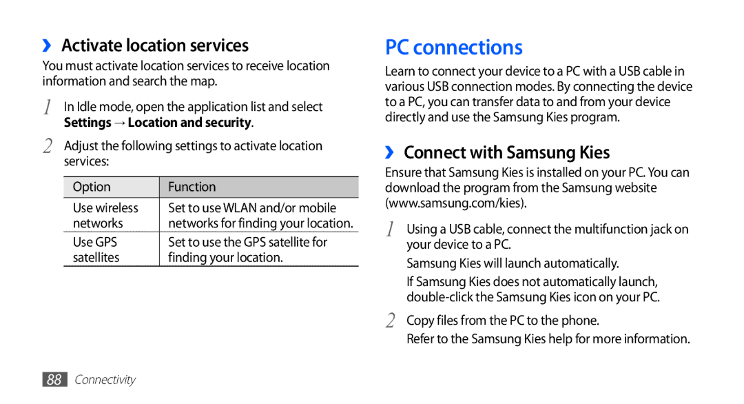 Samsung GT-S5839RWIBOG, GT-S5839OKIDTR manual PC connections, ›› Activate location services, ›› Connect with Samsung Kies 