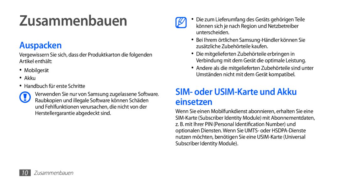 Samsung GT-S5839OKIDTR, GT-S5839UWITCL, GT-S5839OKITCL Zusammenbauen, Auspacken, SIM- oder USIM-Karte und Akku einsetzen 