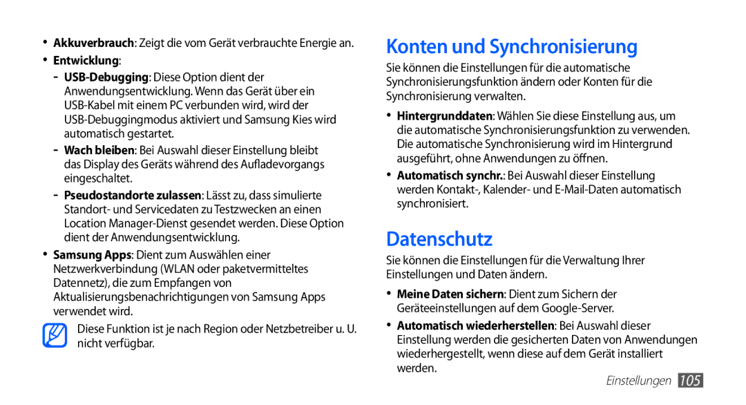 Samsung GT-S5839UWIDTM, GT-S5839OKIDTR, GT-S5839UWITCL, GT-S5839OKITCL Konten und Synchronisierung, Datenschutz, Entwicklung 