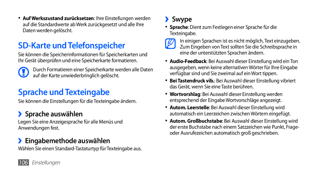 Samsung GT-S5839OKICOS, GT-S5839OKIDTR SD-Karte und Telefonspeicher, Sprache und Texteingabe, ››Sprache auswählen, ››Swype 