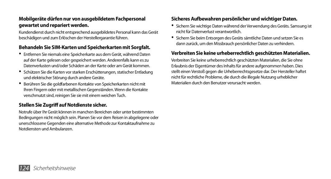 Samsung GT-S5839OKIVD2 Stellen Sie Zugriff auf Notdienste sicher, Behandeln Sie SIM-Karten und Speicherkarten mit Sorgfalt 