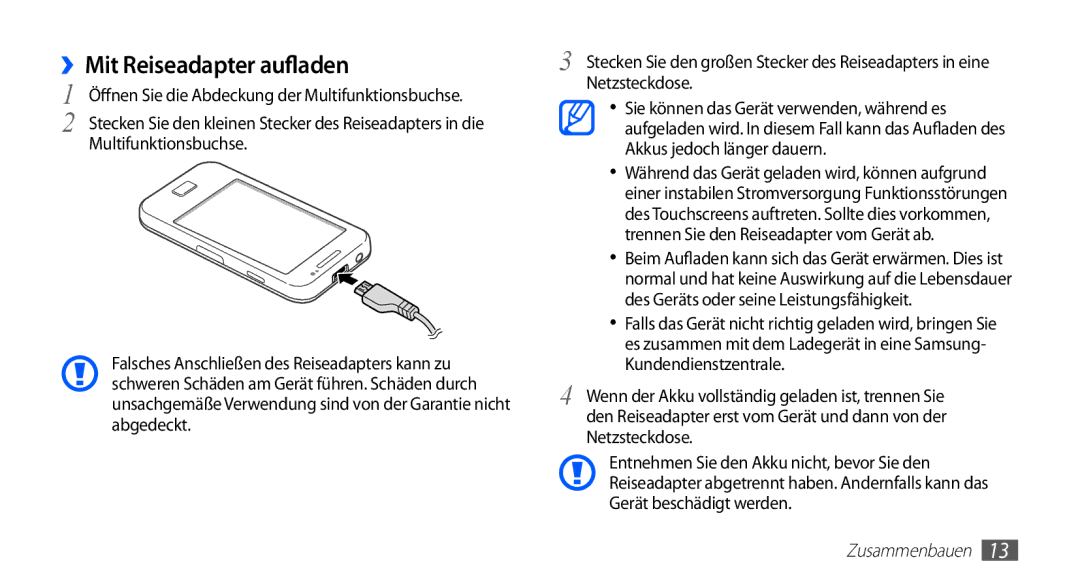 Samsung GT-S5839OKIDTM, GT-S5839OKIDTR, GT-S5839UWITCL, GT-S5839OKITCL, GT-S5839OKIVD2 manual ››Mit Reiseadapter aufladen 