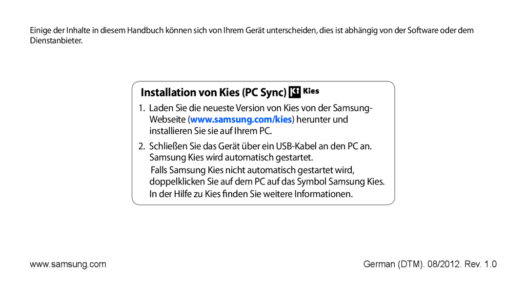 Samsung GT-S5839OKIVD2, GT-S5839OKIDTR, GT-S5839UWITCL, GT-S5839OKITCL, GT-S5839OKIDTM manual Installation von Kies PC Sync 