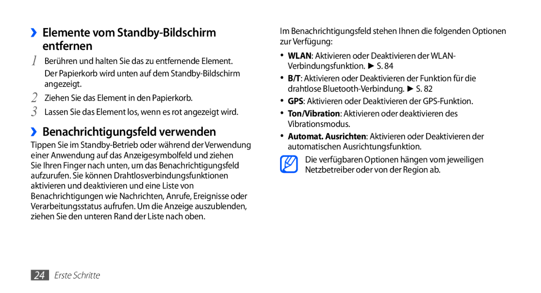 Samsung GT-S5839OKIVD2 manual ››Elemente vom Standby-Bildschirm entfernen, ››Benachrichtigungsfeld verwenden, Angezeigt 