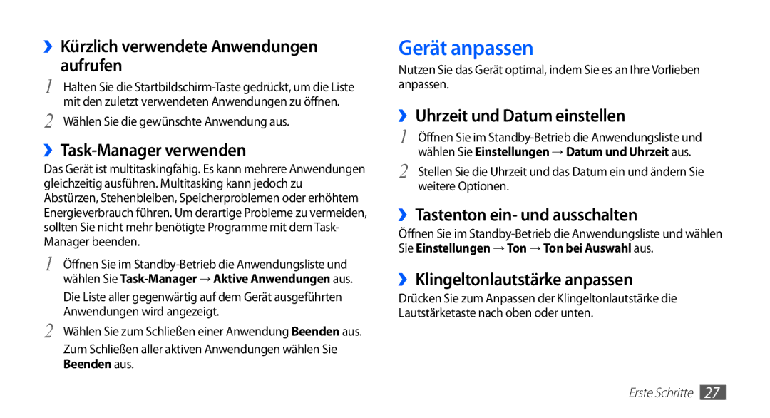 Samsung GT-S5839UWISFR, GT-S5839OKIDTR, GT-S5839UWITCL, GT-S5839OKITCL, GT-S5839OKIDTM, GT-S5839OKIVD2 manual Gerät anpassen 