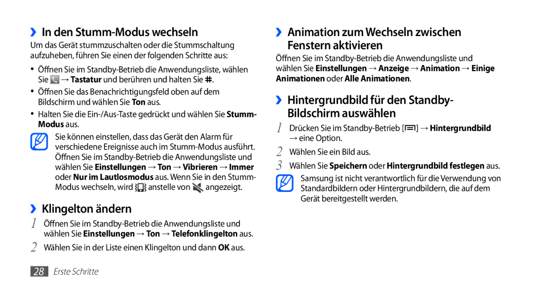 Samsung GT-S5839RWIBOG, GT-S5839OKIDTR, GT-S5839UWITCL, GT-S5839OKITCL ››In den Stumm-Modus wechseln, ››Klingelton ändern 