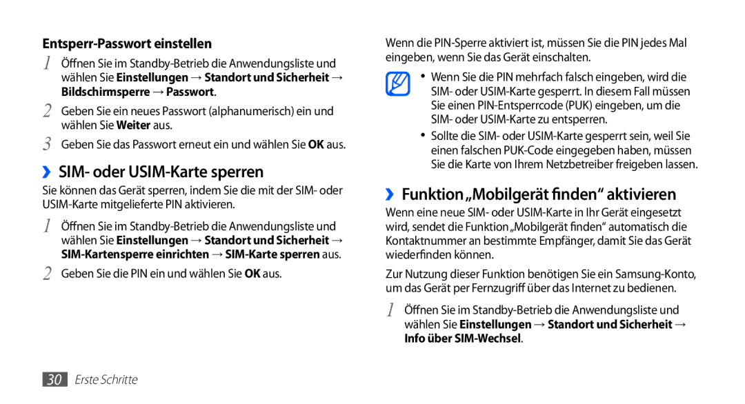 Samsung GT-S5839OKIDTR, GT-S5839UWITCL manual ››SIM- oder USIM-Karte sperren, ››Funktion„Mobilgerät finden aktivieren 