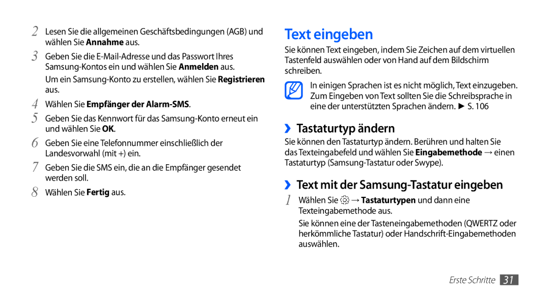 Samsung GT-S5839UWITCL, GT-S5839OKIDTR manual Text eingeben, ››Tastaturtyp ändern, ››Text mit der Samsung-Tastatur eingeben 