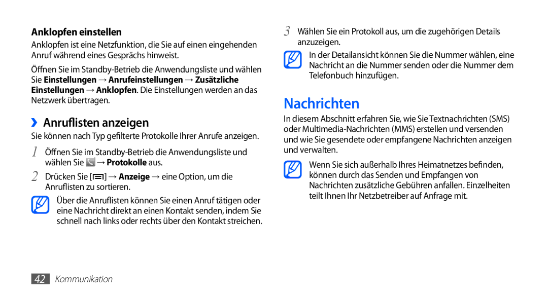 Samsung GT-S5839OKITCL manual Nachrichten, ››Anruflisten anzeigen, Netzwerk übertragen, Wählen Sie → Protokolle aus 