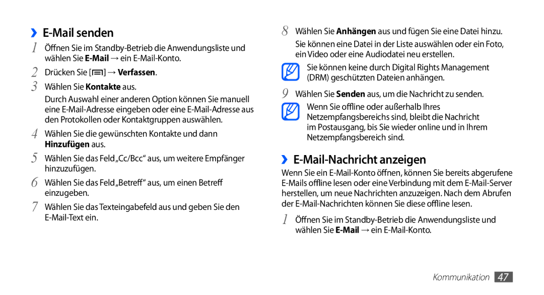 Samsung GT-S5839UWISFR, GT-S5839OKIDTR manual ››E-Mail-Nachricht anzeigen, Drücken Sie → Verfassen Wählen Sie Kontakte aus 