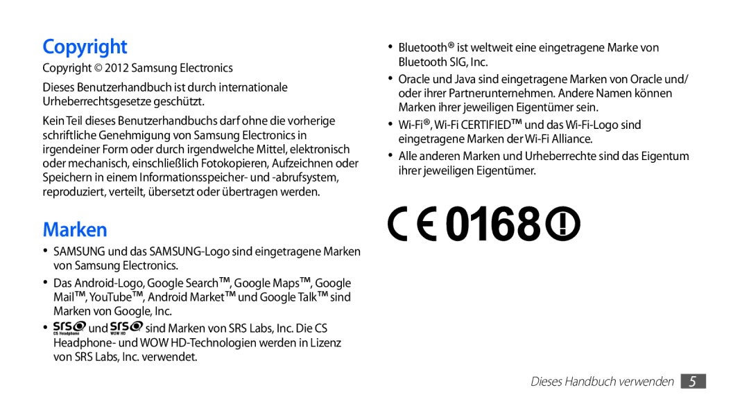 Samsung GT-S5839UWIDTM, GT-S5839OKIDTR, GT-S5839UWITCL, GT-S5839OKITCL manual Marken, Copyright 2012 Samsung Electronics 