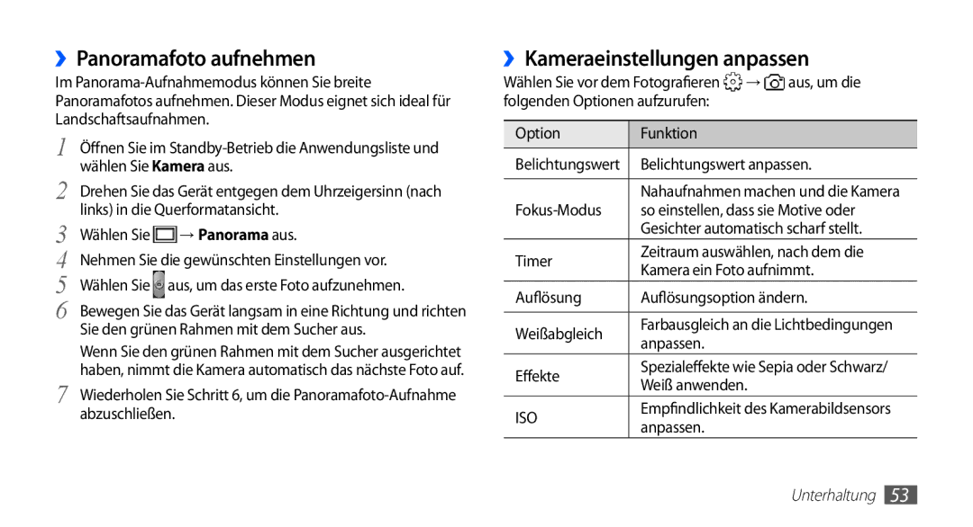 Samsung GT-S5839OKIDTM, GT-S5839OKIDTR, GT-S5839UWITCL manual ››Panoramafoto aufnehmen, ››Kameraeinstellungen anpassen 