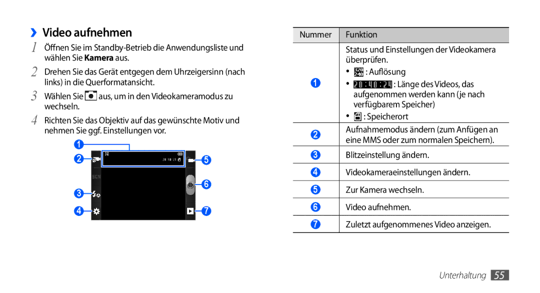 Samsung GT-S5839UWIDTM ››Video aufnehmen, Länge des Videos, das, Aufgenommen werden kann je nach, Verfügbarem Speicher 