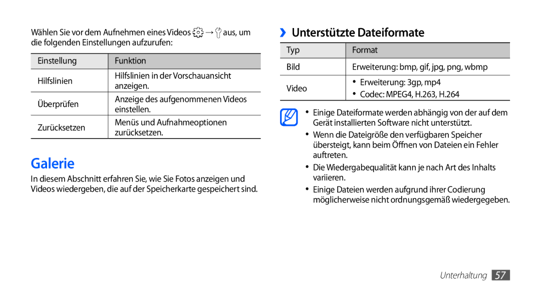 Samsung GT-S5839UWISFR, GT-S5839OKIDTR, GT-S5839UWITCL, GT-S5839OKITCL, GT-S5839OKIDTM Galerie, ››Unterstützte Dateiformate 