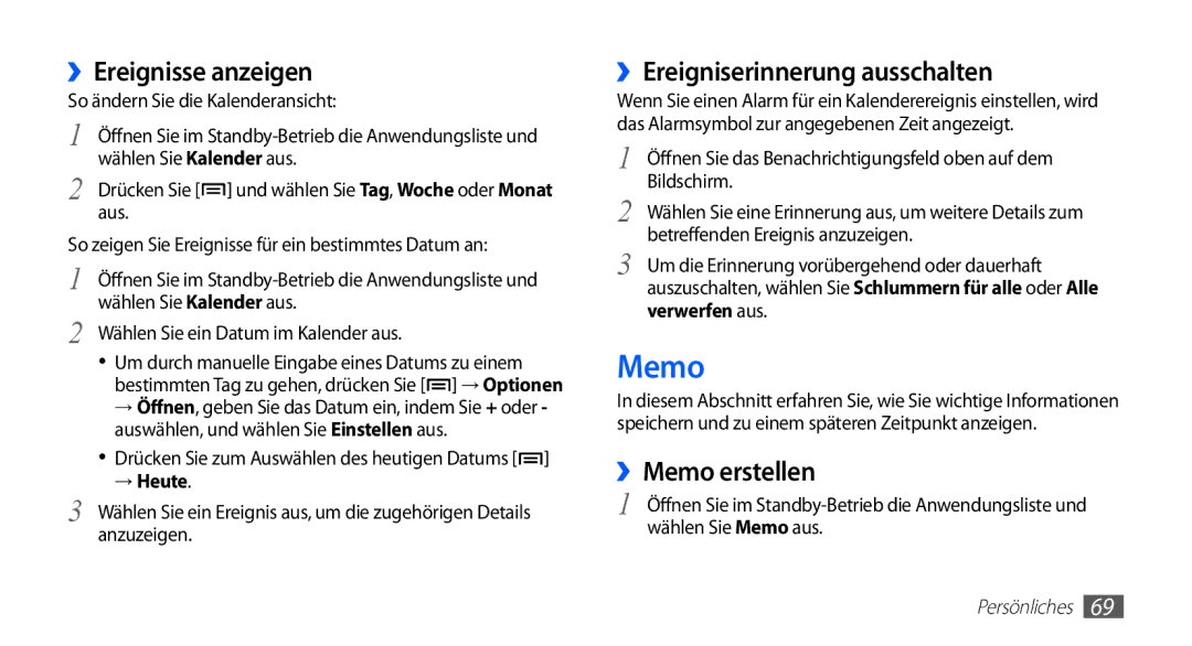 Samsung GT-S5839RWISFR manual ››Ereignisse anzeigen, ››Ereigniserinnerung ausschalten, ››Memo erstellen, → Heute 