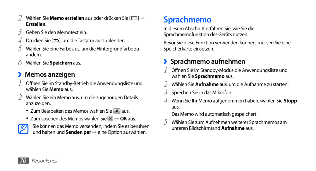 Samsung GT-S5839OKIDTR, GT-S5839UWITCL, GT-S5839OKITCL manual ››Memos anzeigen, ››Sprachmemo aufnehmen, Erstellen 