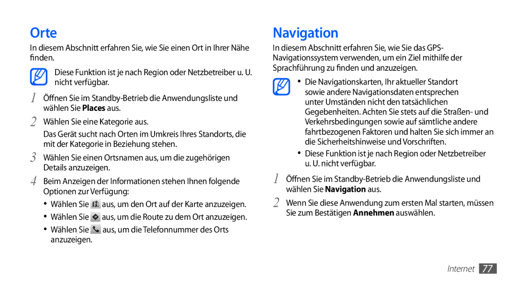 Samsung GT-S5839UWISFR, GT-S5839OKIDTR manual Orte, Navigation, Wählen Sie aus, um die Telefonnummer des Orts anzuzeigen 