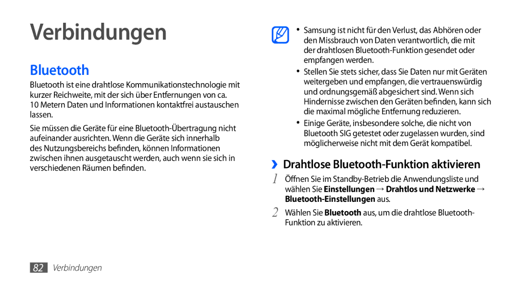 Samsung GT-S5839OKITCL, GT-S5839OKIDTR, GT-S5839UWITCL manual Verbindungen, ››Drahtlose Bluetooth-Funktion aktivieren 