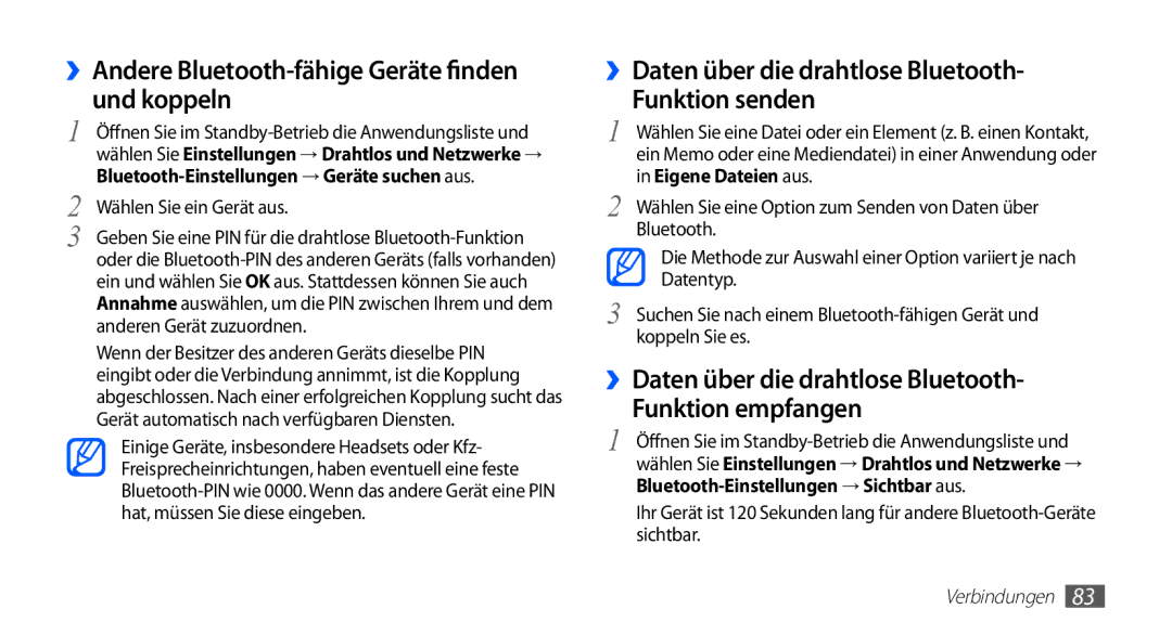 Samsung GT-S5839OKIDTM, GT-S5839OKIDTR manual ››Andere Bluetooth-fähige Geräte finden und koppeln, Wählen Sie ein Gerät aus 