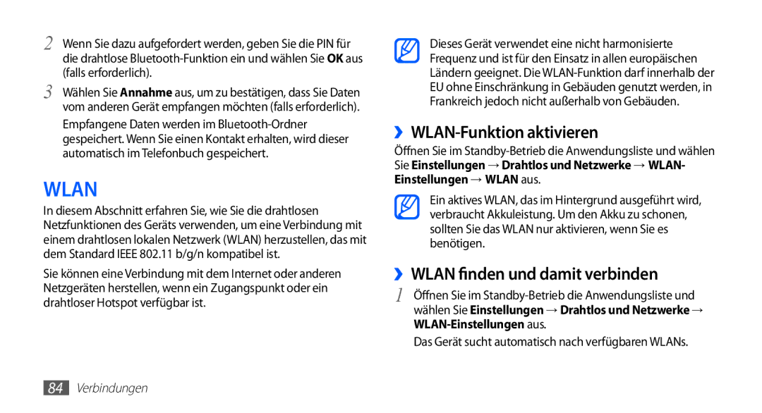 Samsung GT-S5839OKIVD2, GT-S5839OKIDTR, GT-S5839UWITCL manual ››WLAN-Funktion aktivieren, ››WLAN finden und damit verbinden 