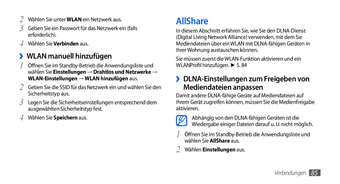 Samsung GT-S5839UWIDTM, GT-S5839OKIDTR, GT-S5839UWITCL manual AllShare, ››WLAN manuell hinzufügen, Wählen Einstellungen aus 